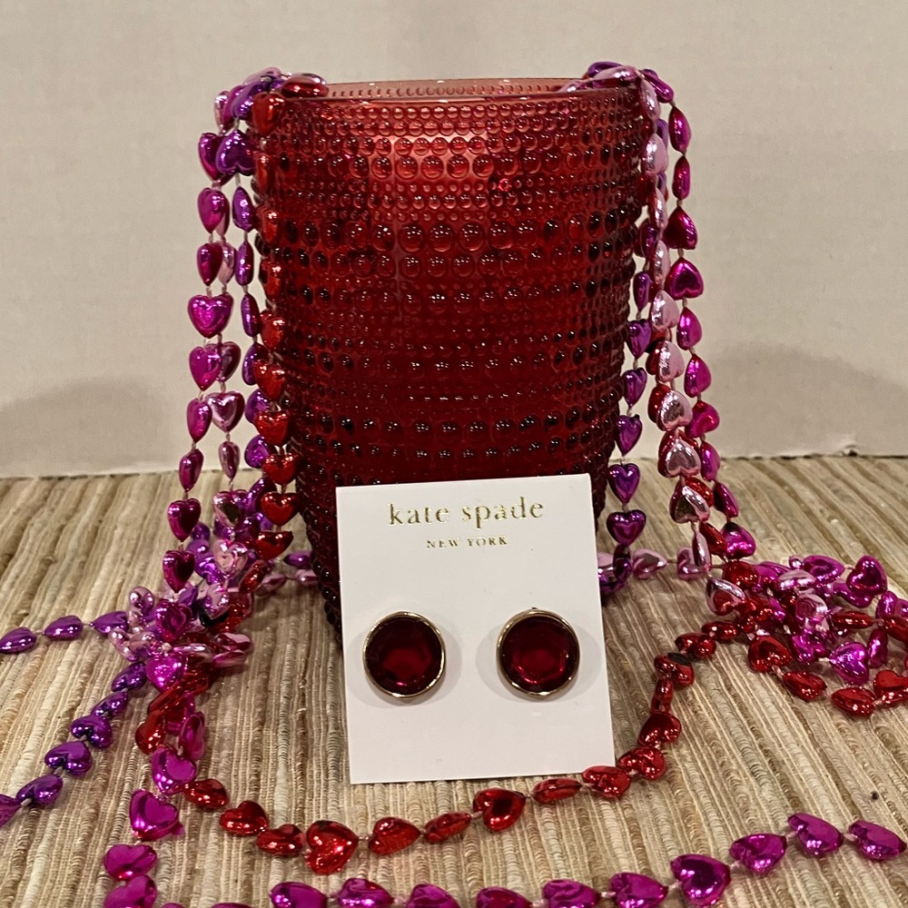 New Kate Spade Red Round Gold-Tone Bezel Cubic Zirconia Stud Earrings.